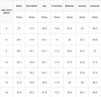 Size chart for pants with measurements in inches