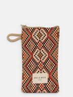 Red, green and cream geometric jacquard glasses case, front view with zipper and cord side handle
