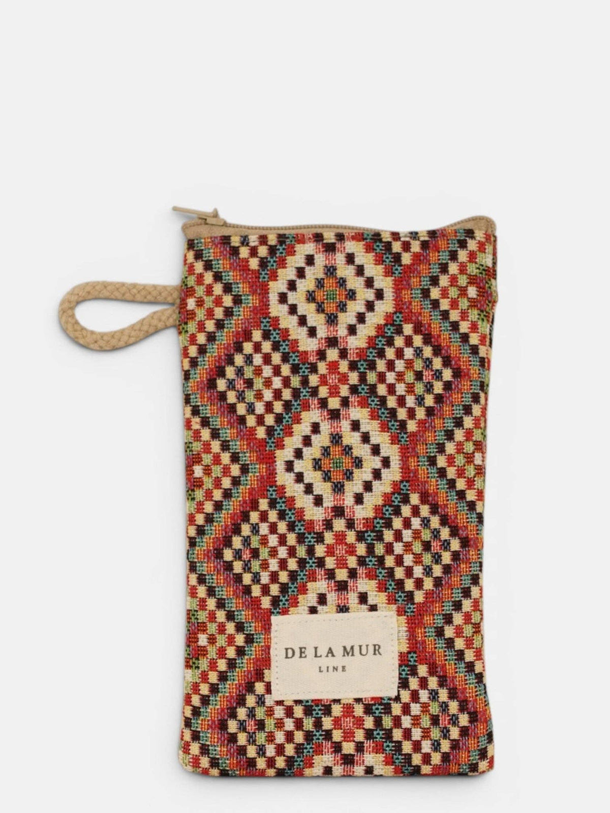Red, green and cream geometric jacquard glasses case, front view with zipper and cord side handle