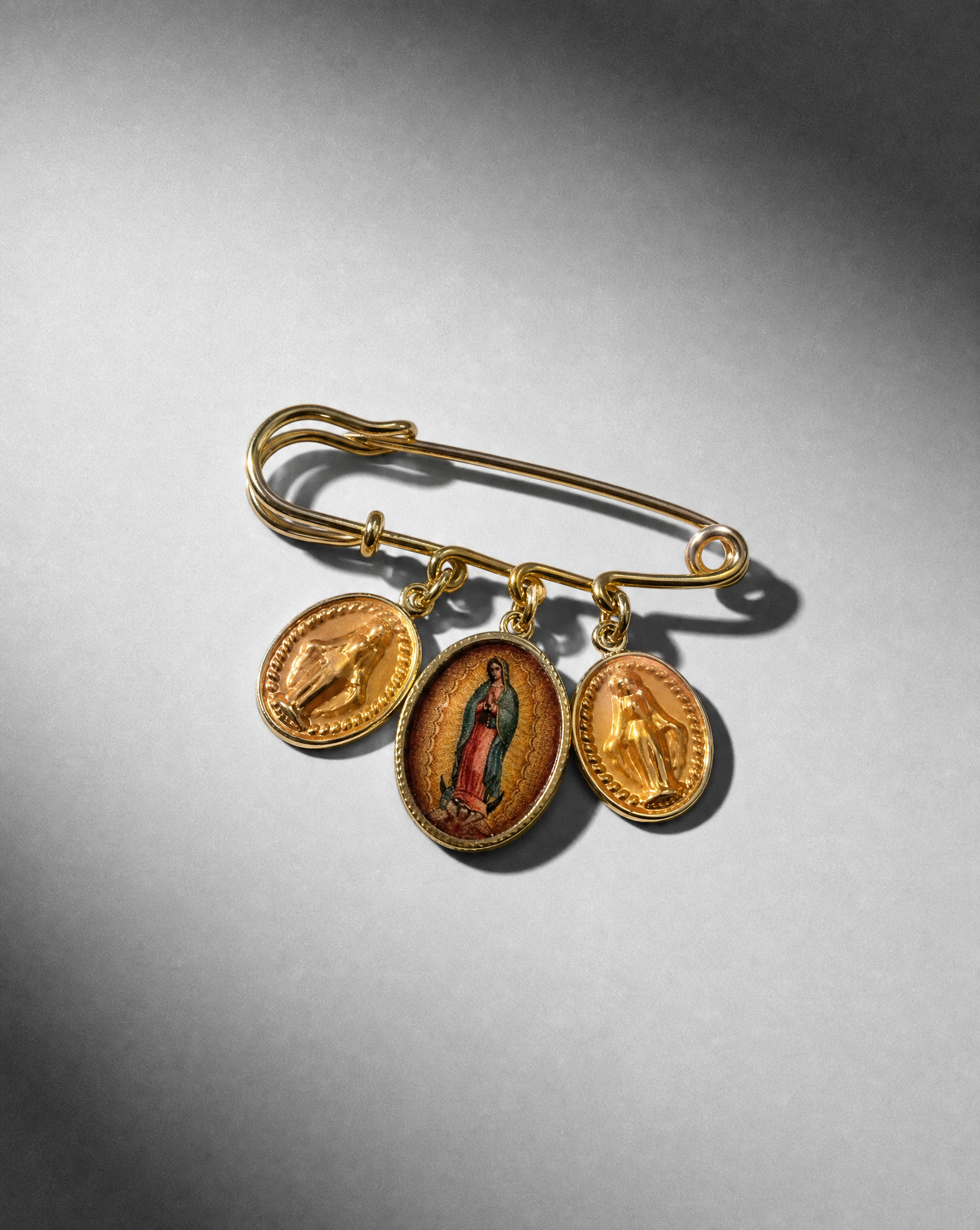 Virgin of Guadalupe Triple Charm Safety Pin Brooch