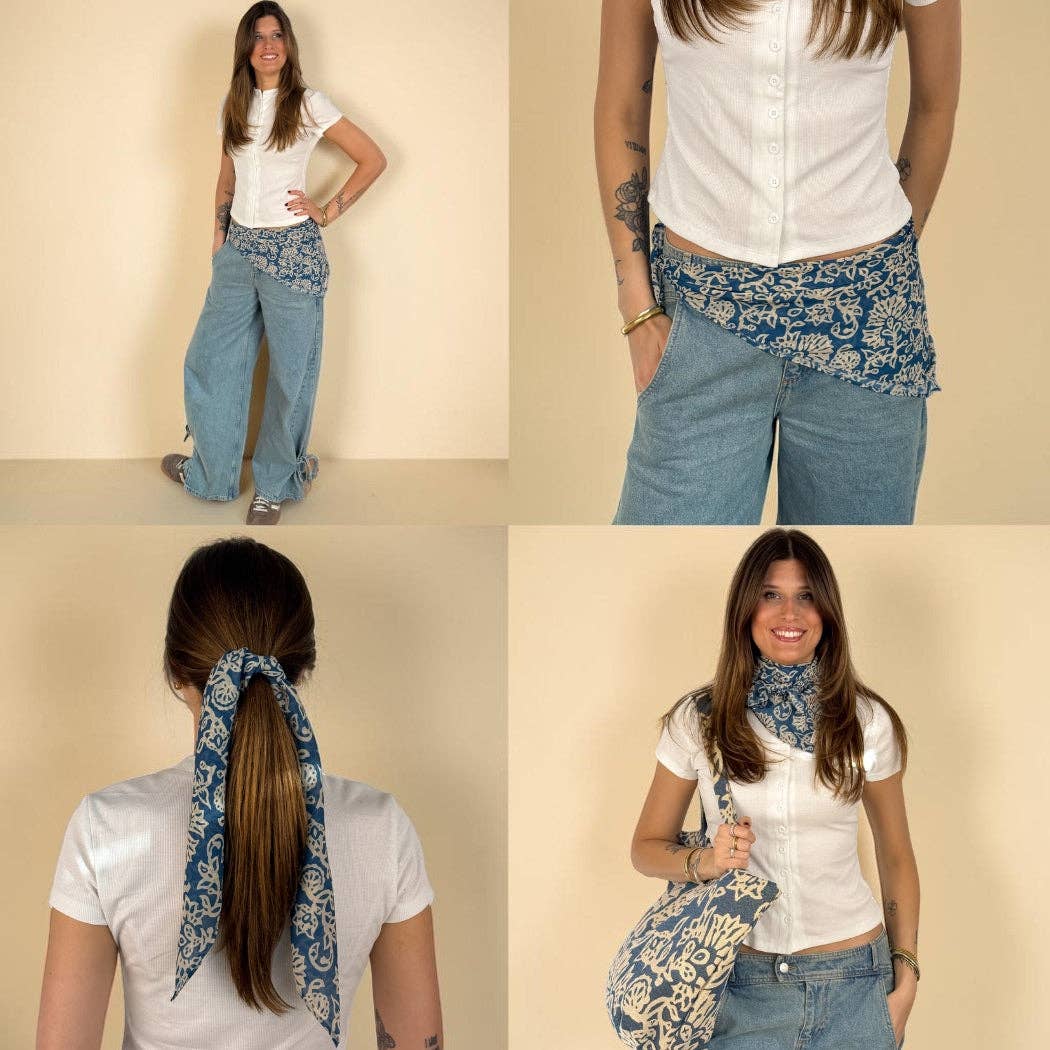 Floral Chiffon Square Scarf – Navy & Cream