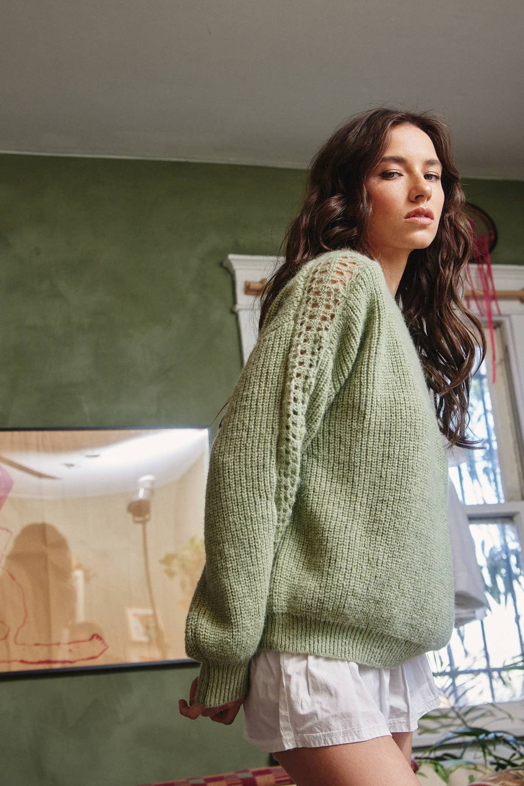 Moss green crochet sleeve pullover sweater