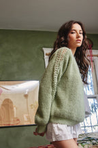 Moss green crochet sleeve pullover sweater
