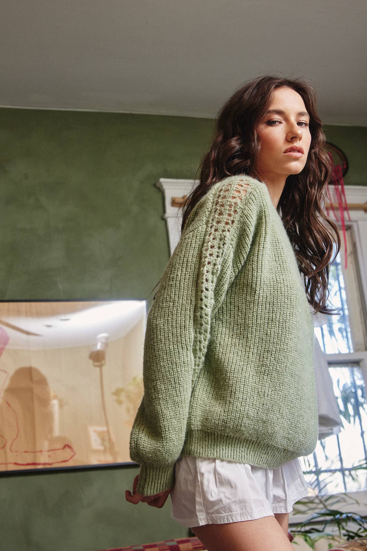 Moss green crochet sleeve pullover sweater