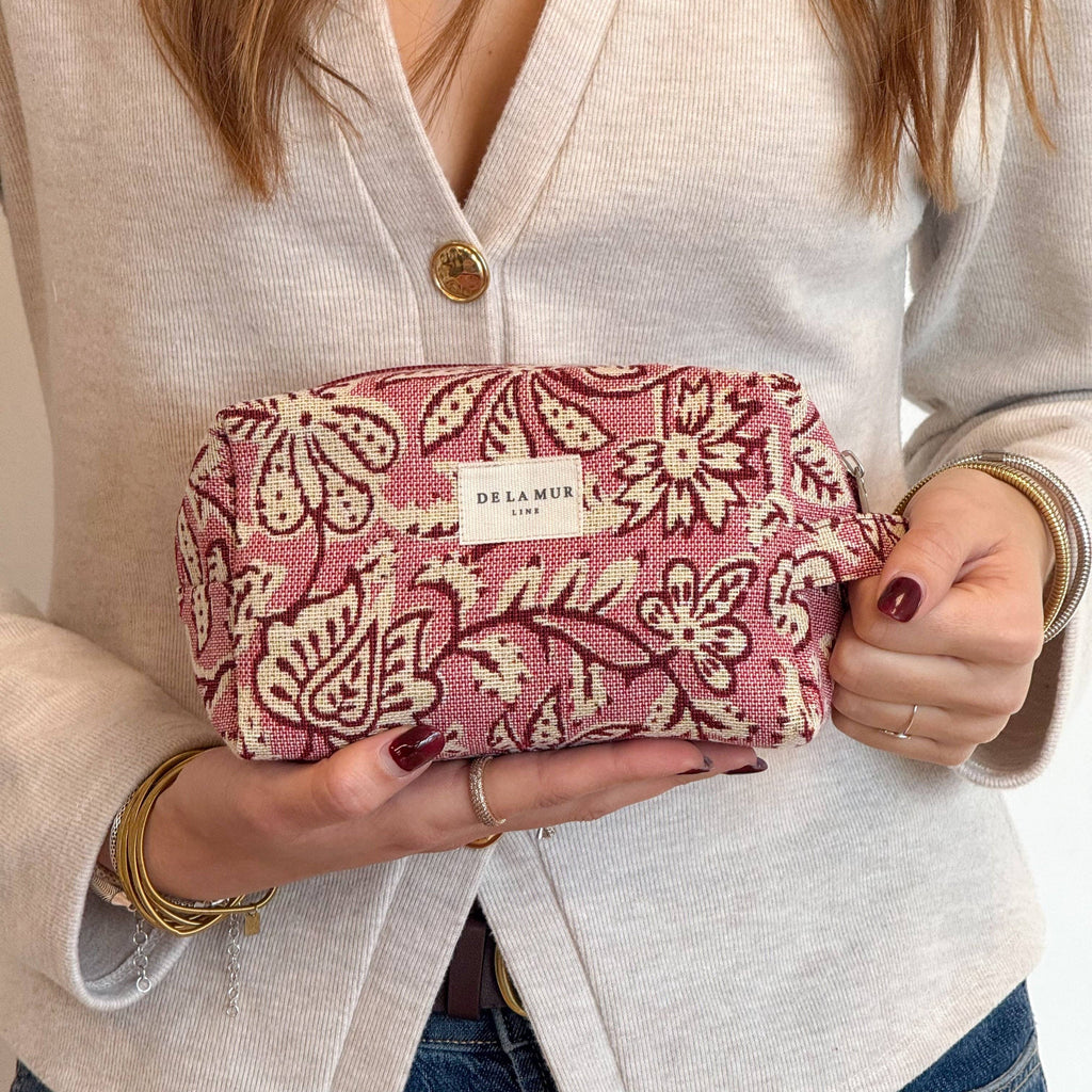 Floral Jacquard Squared Makeup Bag – Ecru & Pink