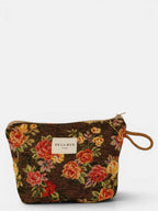 Dark brown and red floral jacquard small makeup bag, front view with cord side handle