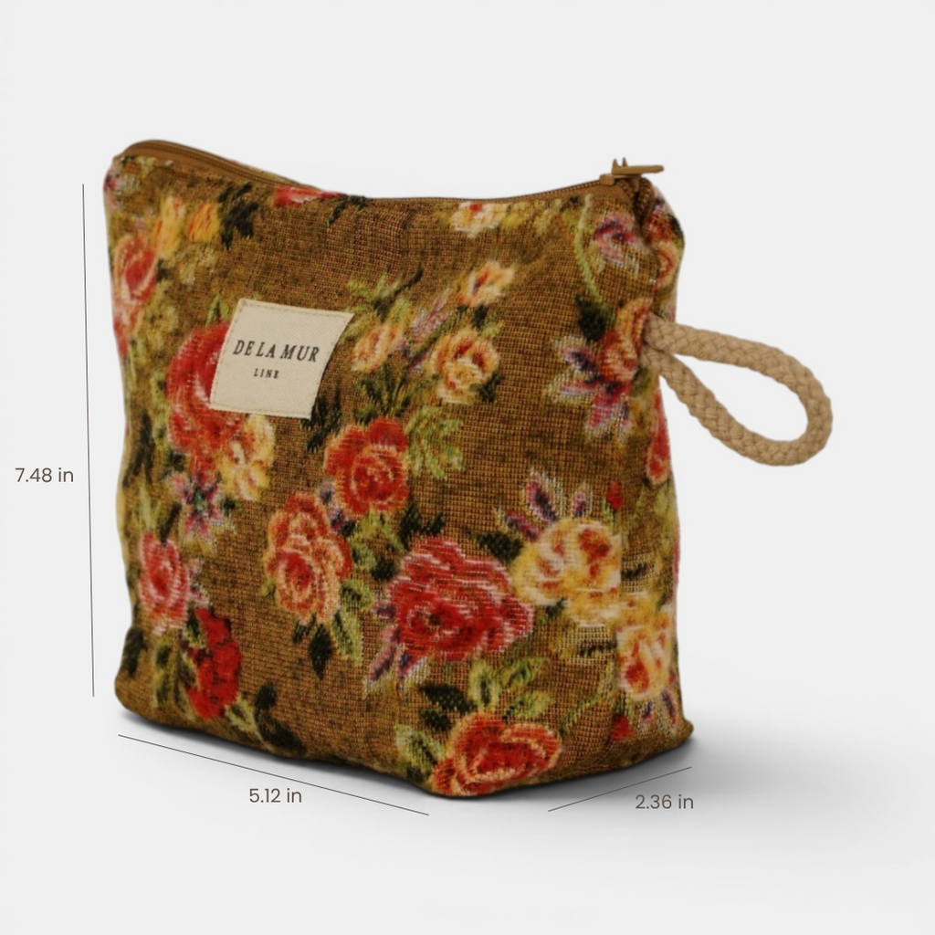 Mustard and red floral jacquard small makeup bag with height, width and depth marked
