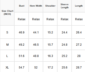 A standard size chat referencing sizes from small to extra large. With measurements for bust, hem, shoulder, sleeve length, and length.