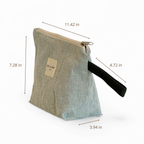 Large sage green and cream striped makeup bag with height, width and depth marked