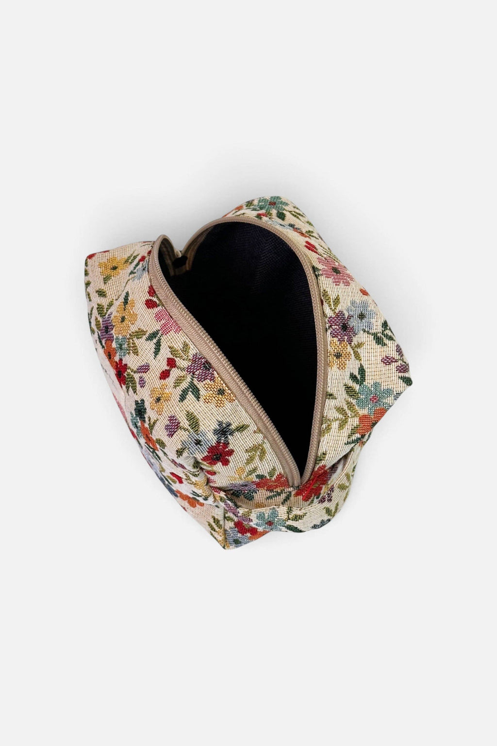 Cream floral jacquard squared makeup bag unzipped to show the dark lining