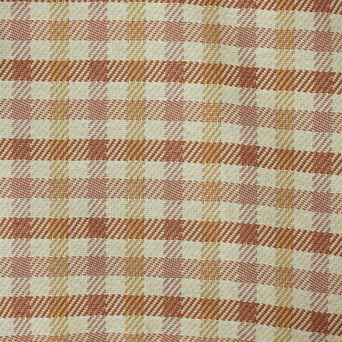 Close-up of the woven terracotta, mustard and cream gingham jacquard