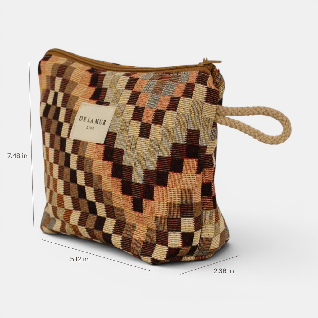 Brown and beige zigzag jacquard small makeup bag with height, width and depth marked