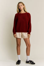 Moss green crochet sleeve pullover sweater