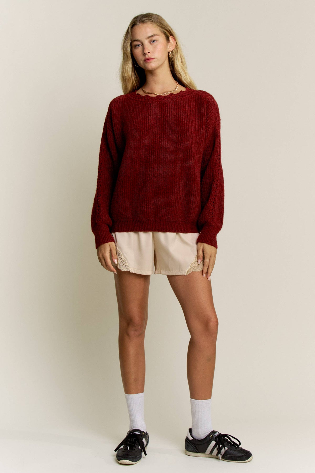 Moss green crochet sleeve pullover sweater