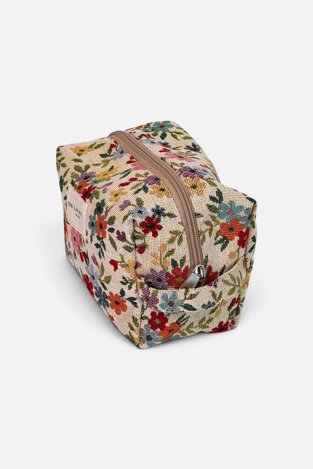 Cream floral jacquard squared makeup bag, angled view