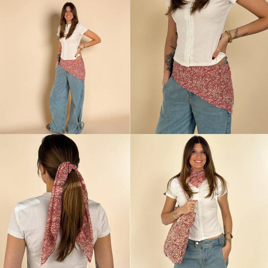 Floral Chiffon Square Scarf – Ecru & Pink