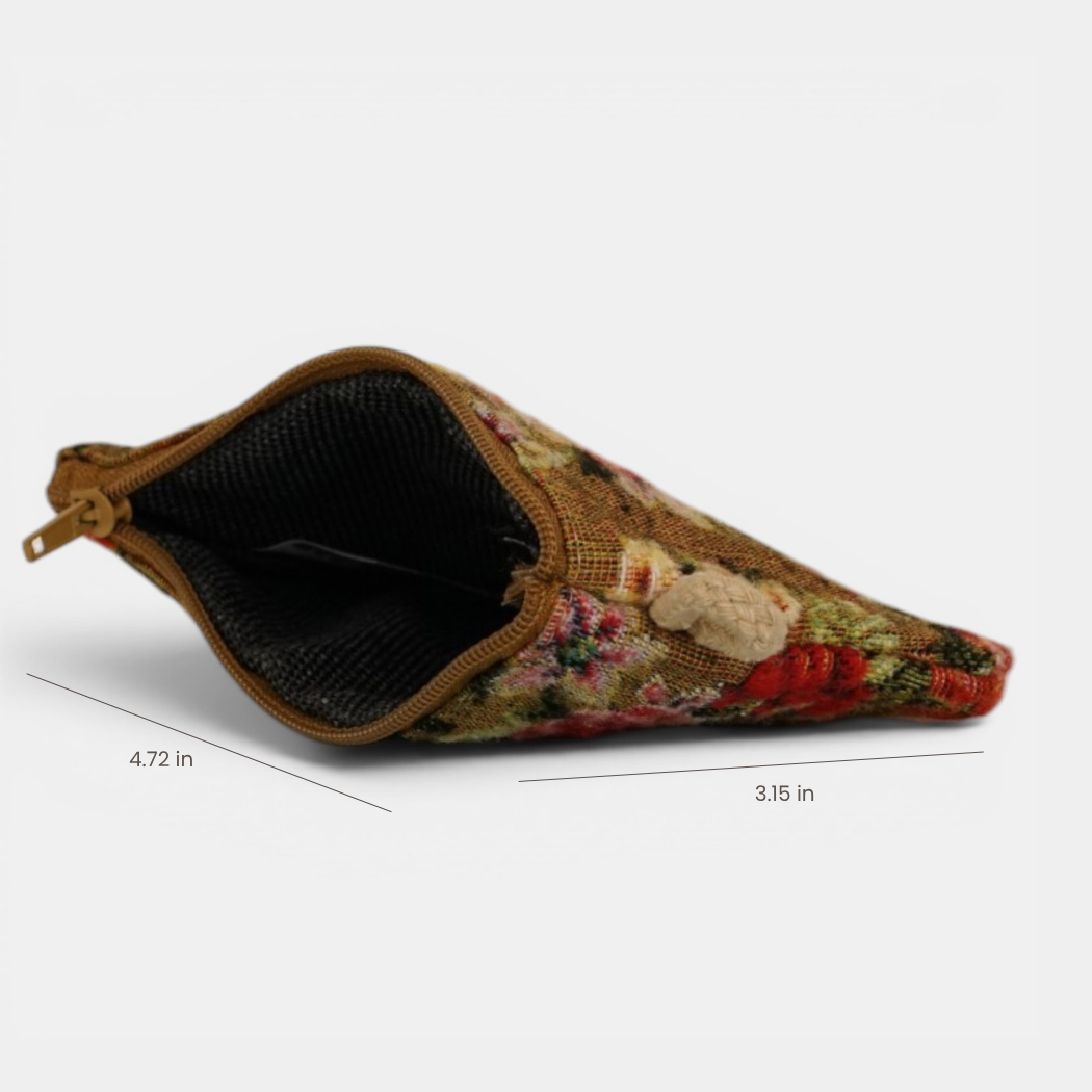Mustard and red floral jacquard coin purse unzipped to show the dark lining, with width and height marked