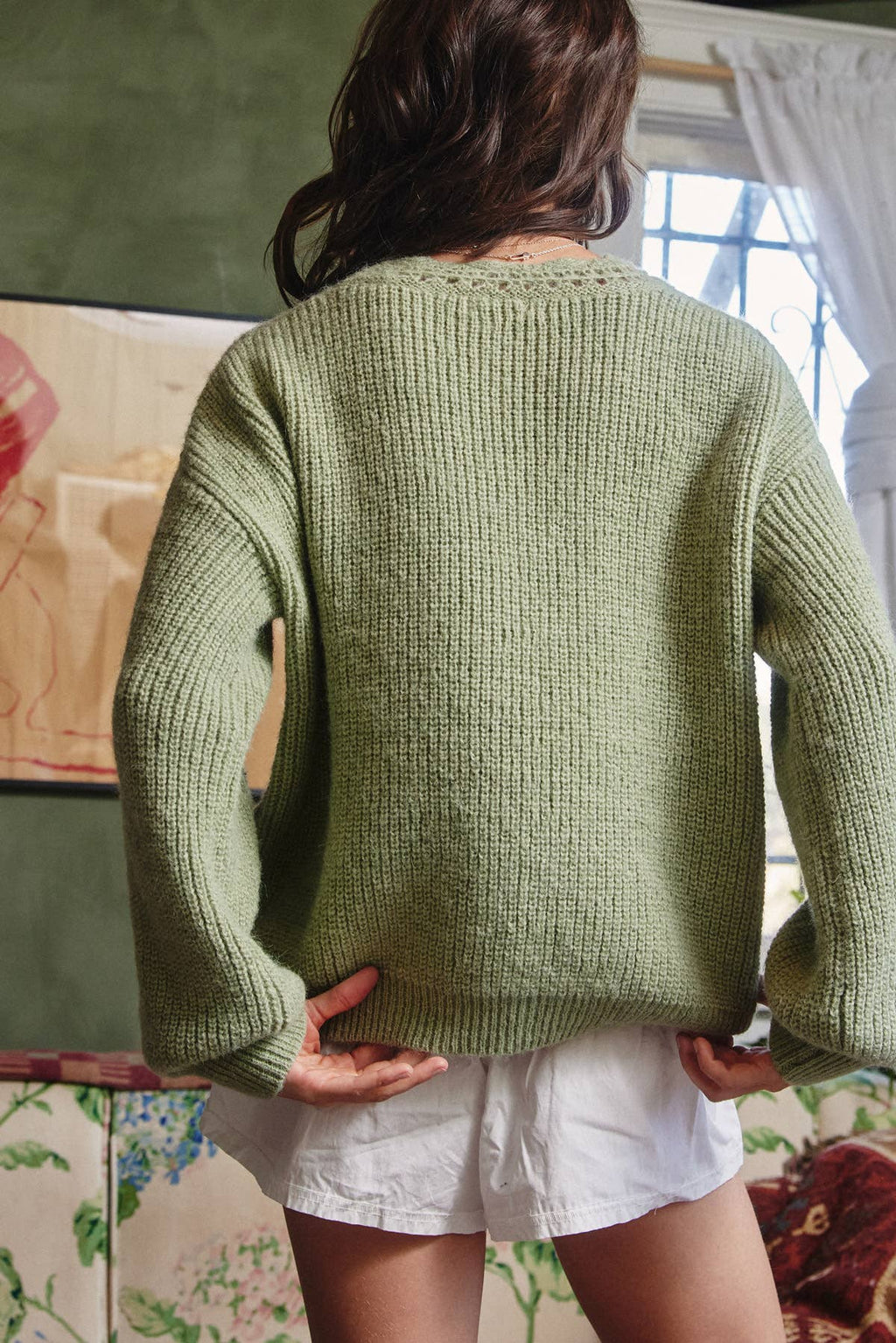 Moss green crochet sleeve pullover sweater