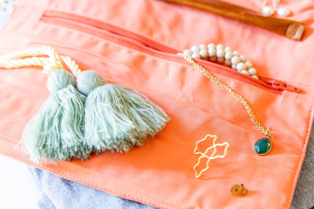 Embroidered Velvet Jewelry Organizer in Coral