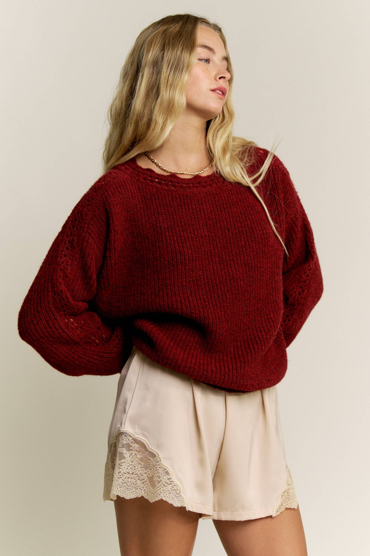 Moss green crochet sleeve pullover sweater