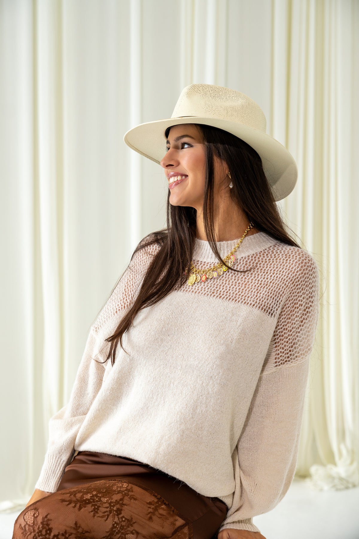 Oat Colored Lightweight Sweater | Beige Sheer Shoulder Cozy Knit Pullover