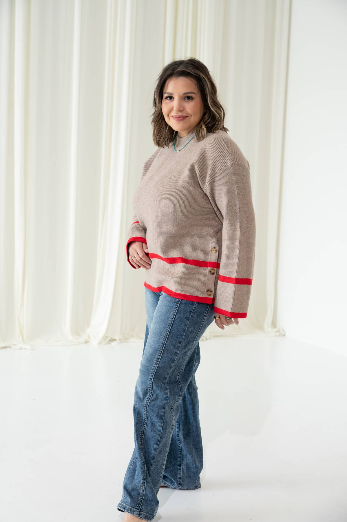 Ribbed Knit Contrast Taupe Sweater | Red Stripe Detail Button Side Sweater