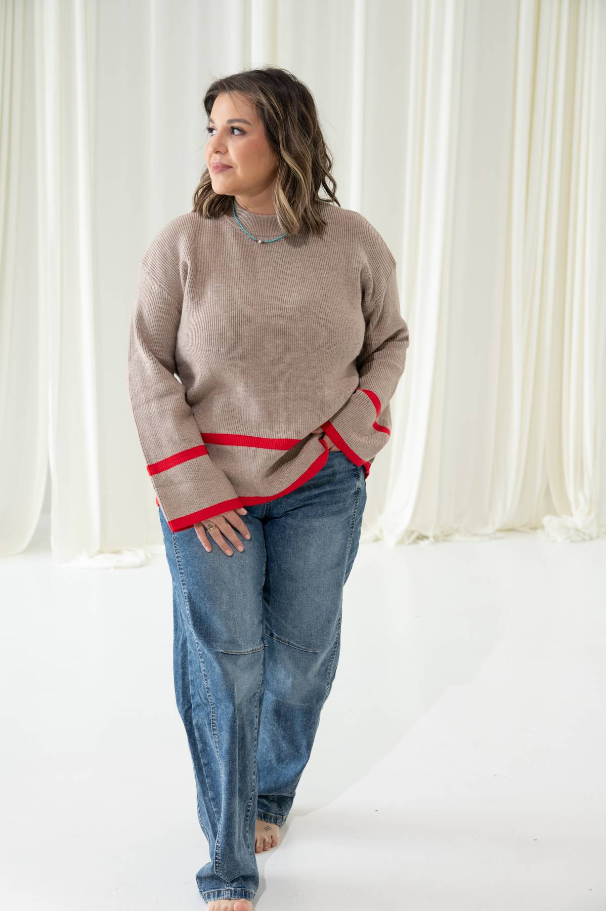 Ribbed Knit Contrast Taupe Sweater | Red Stripe Detail Button Side Sweater