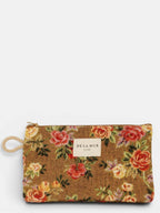 Mustard and red floral jacquard small pouch and coin purse, front view with zipper and cord side handle