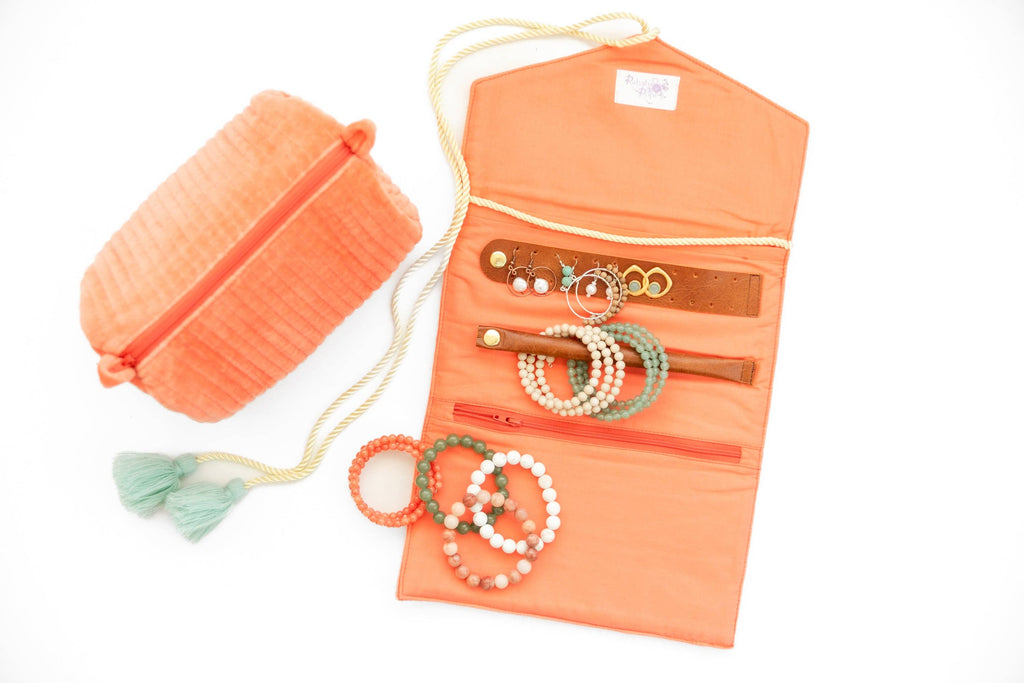 Embroidered Velvet Jewelry Organizer in Coral