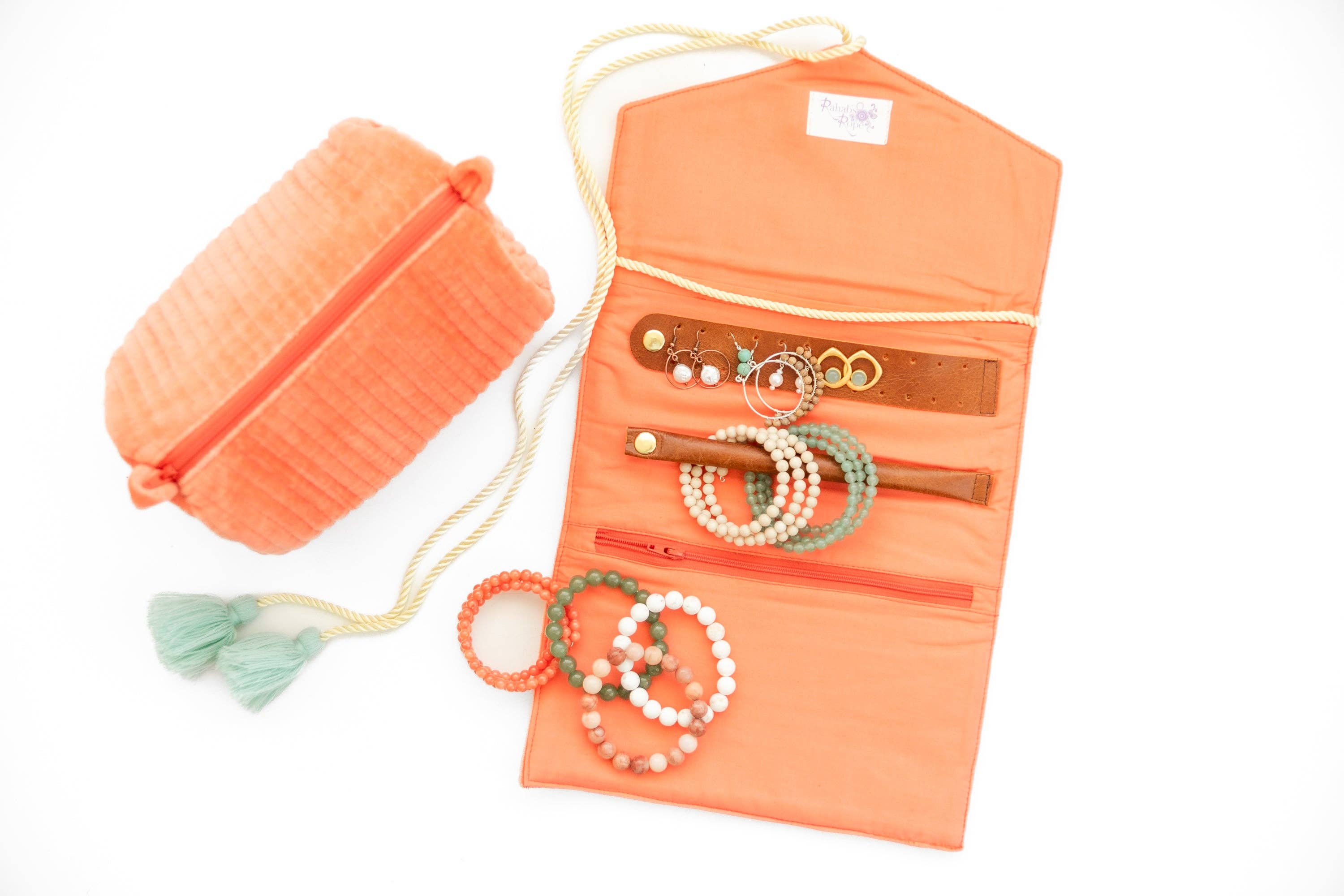 Embroidered Velvet Jewelry Organizer in Coral