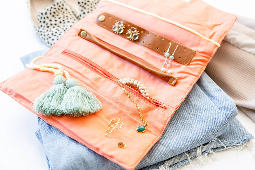 Embroidered Velvet Jewelry Organizer in Coral