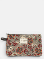 Burgundy and gray floral jacquard small pouch and coin purse, front view with zipper and cord side handle