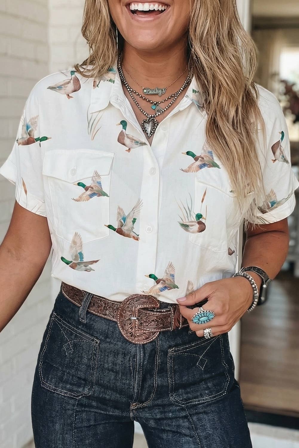 Mallard Duck Printed Button Flap Pocket Shirt | Casual Button Top