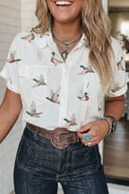 Mallard Duck Printed Button Flap Pocket Shirt | Casual Button Top