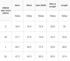 A size chart table showing measurements for a dress size chart in inches, with columns for Bust, Waist, Hem Width, Sleeveve Length, and Length, and rows for S, M, L, and XL.