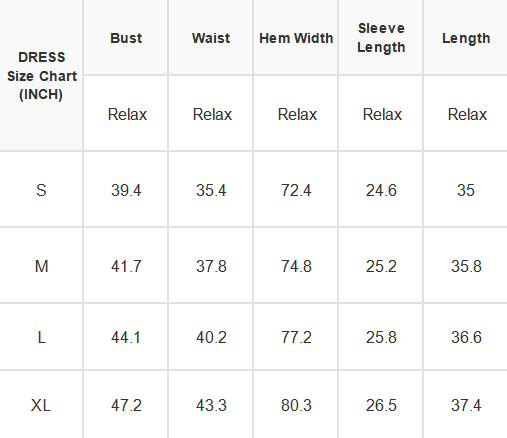 A size chart table showing measurements for a dress size chart in inches, with columns for Bust, Waist, Hem Width, Sleeveve Length, and Length, and rows for S, M, L, and XL.