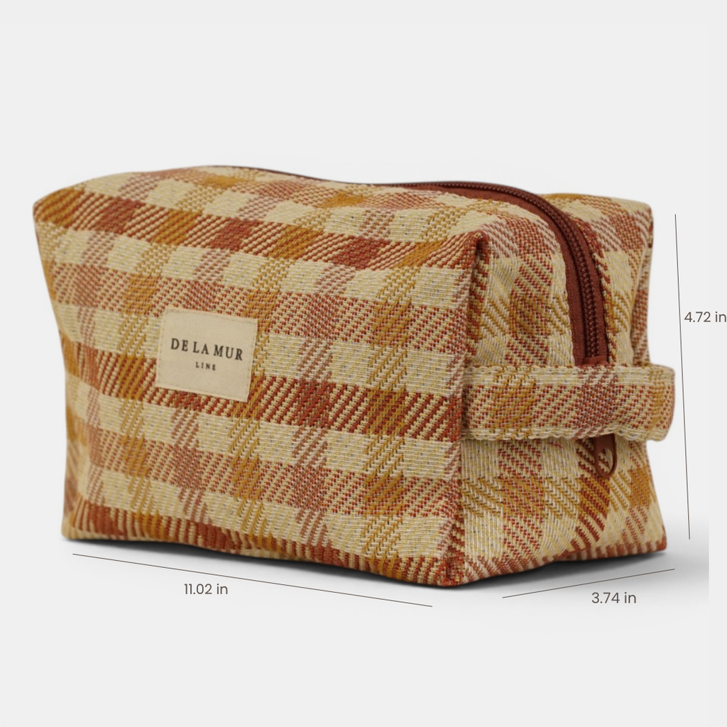Terracotta and mustard gingham jacquard squared makeup bag with height, width and depth marked