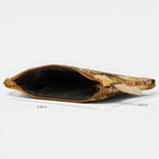 Mustard and red floral jacquard small pouch and coin purse unzipped to show the dark lining, with width and height marked