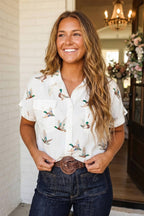 Mallard Duck Printed Button Flap Pocket Shirt | Casual Button Top