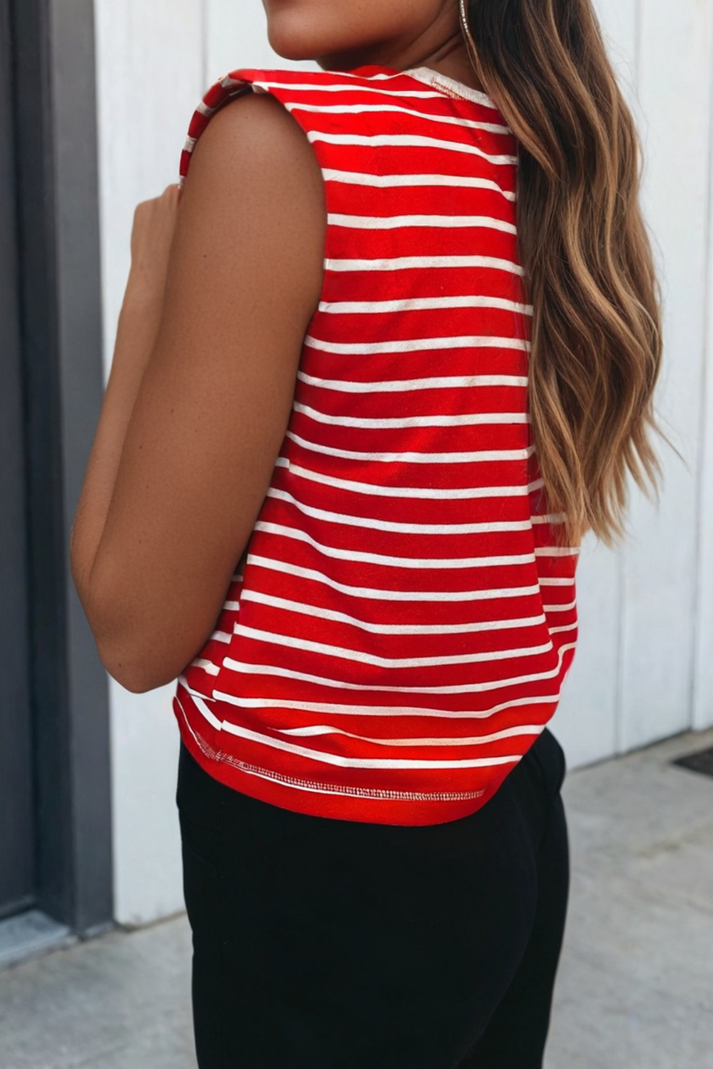 Cherry Striped Shirt | Red Ribbed Round Neck Trim Loose Top