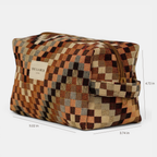 Brown and beige zigzag jacquard squared makeup bag with height, width and depth marked