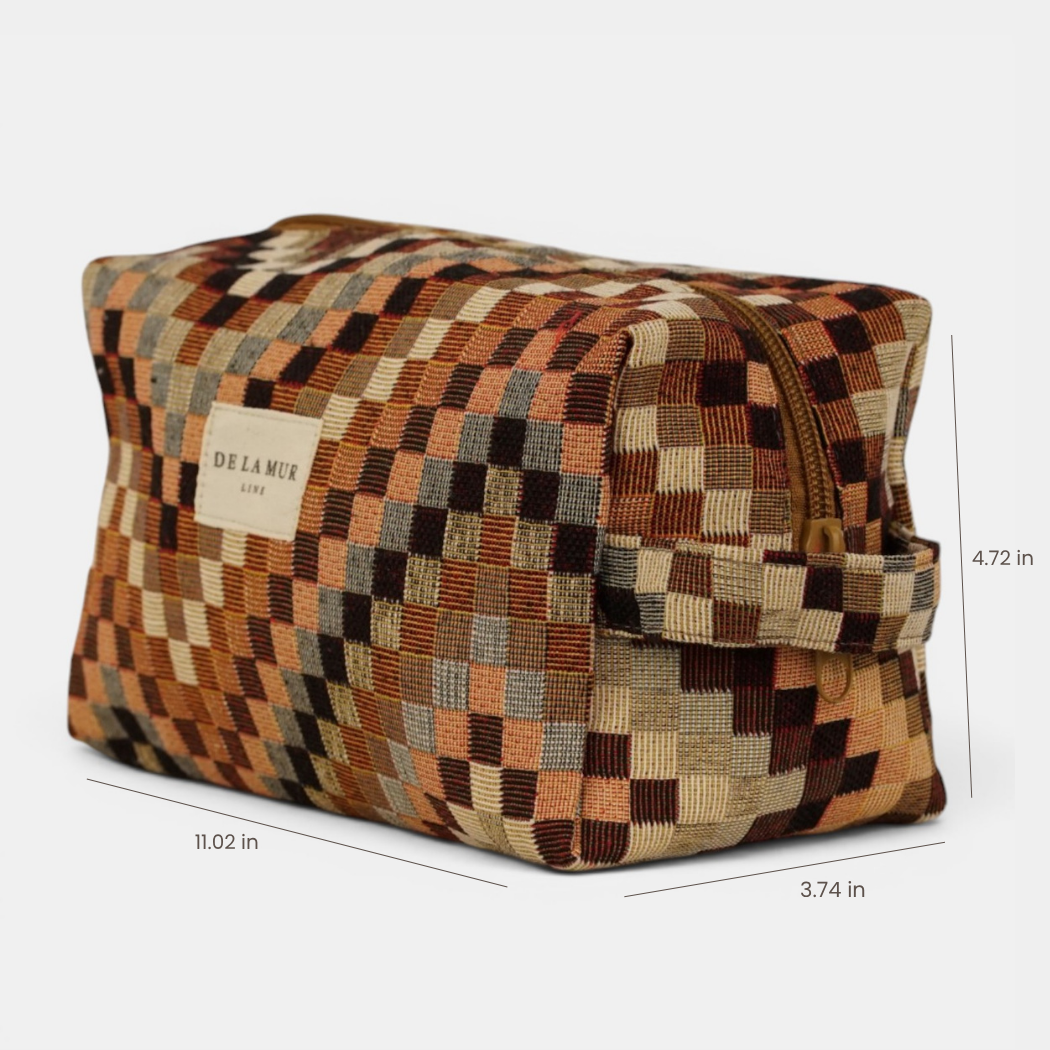 Brown and beige zigzag jacquard squared makeup bag with height, width and depth marked
