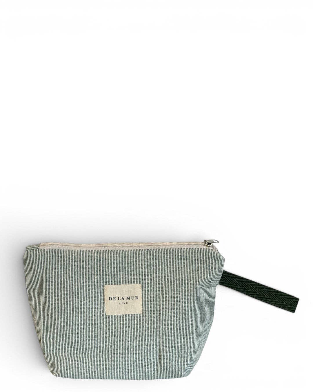 Large sage green and cream striped makeup bag, front view with dark green cord handle