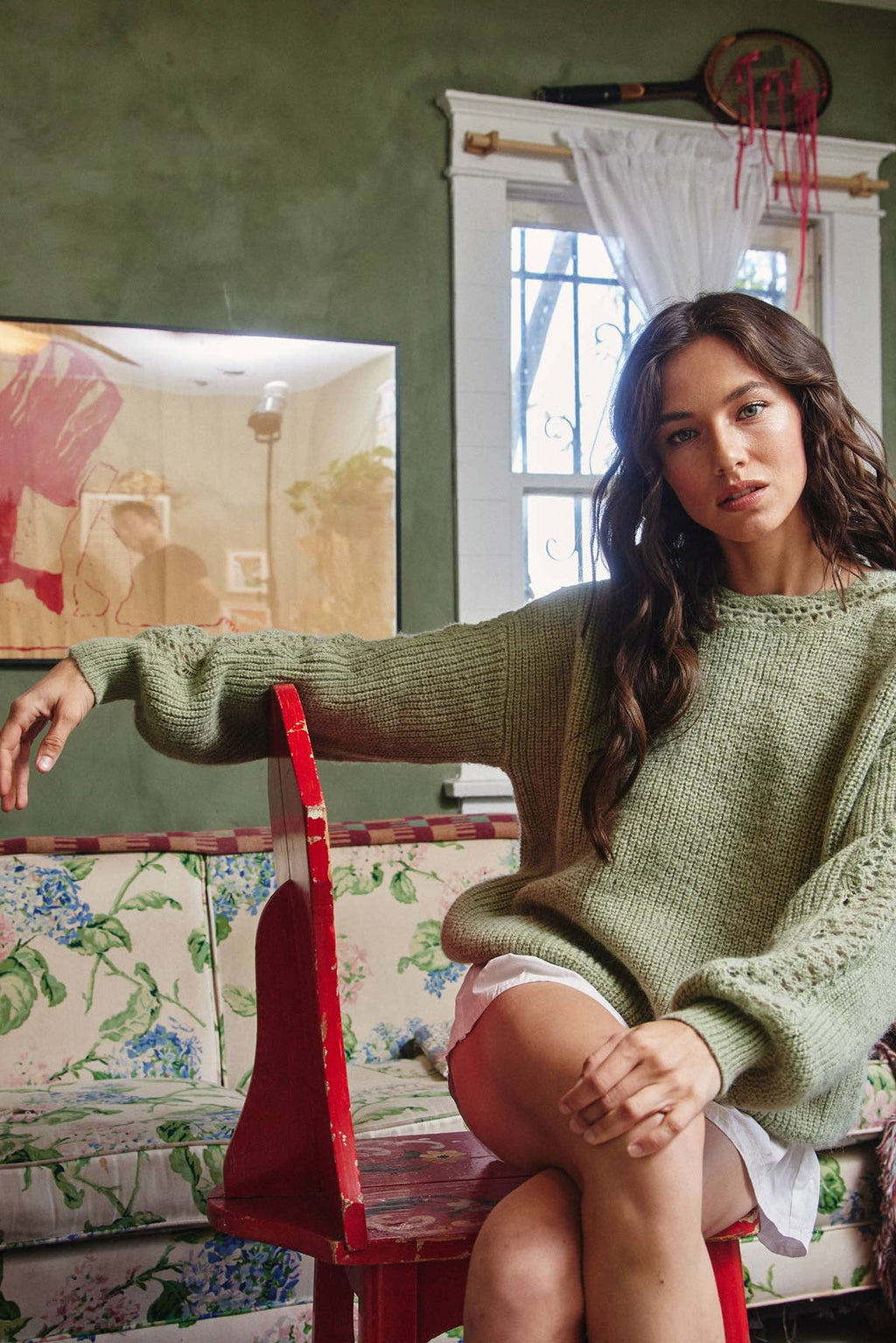Moss green crochet sleeve pullover sweater