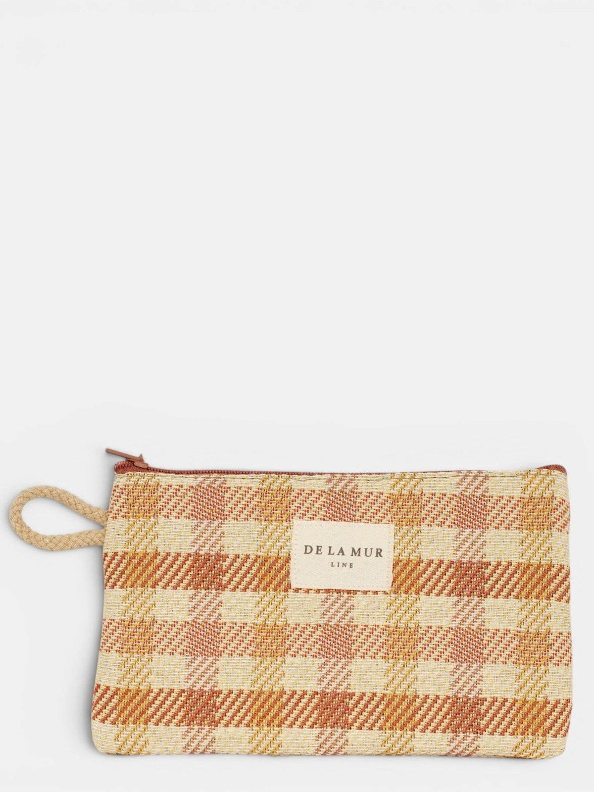 Terracotta and mustard gingham jacquard small pouch and coin purse, front view with zipper and cord side handle
