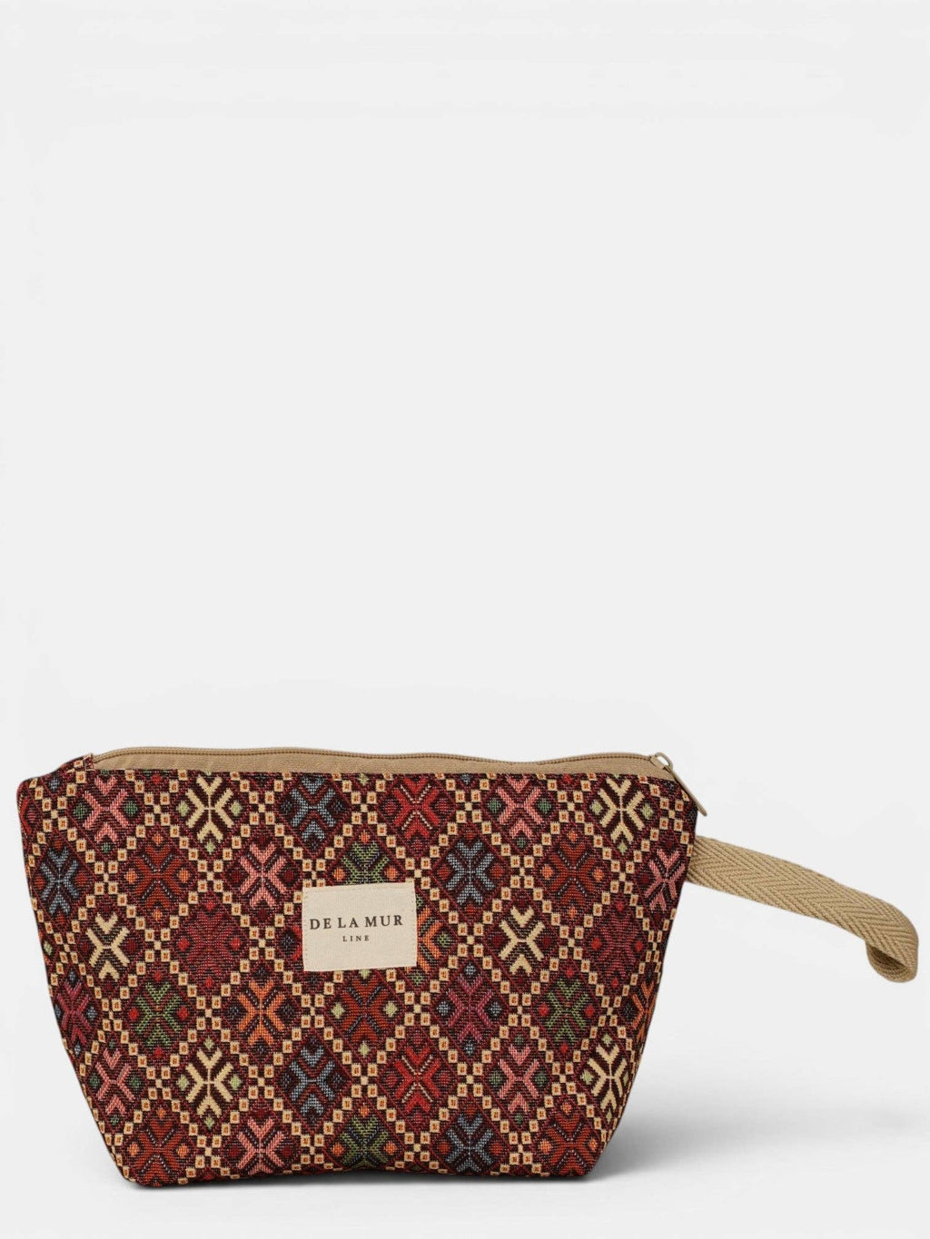 Large burgundy multicolor geometric jacquard makeup bag, front view with beige cord handle