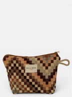 Brown and beige zigzag jacquard small makeup bag, front view with cord side handle