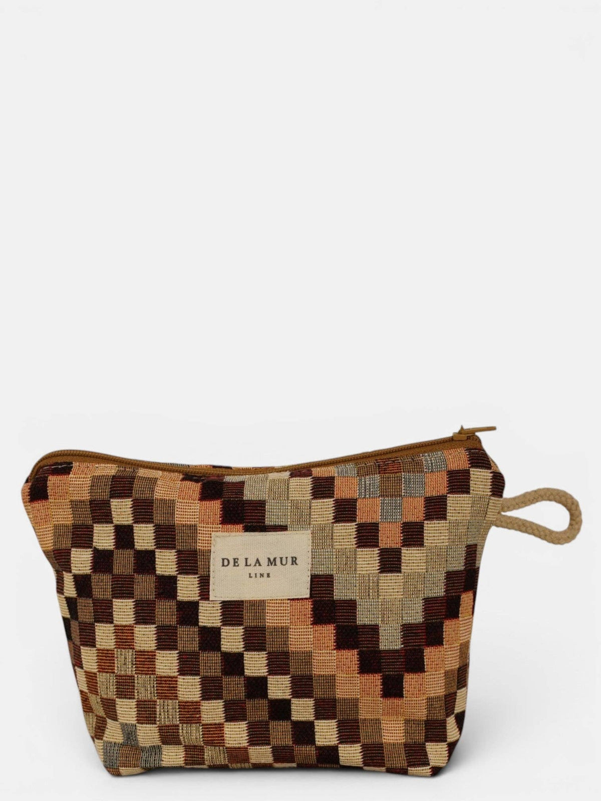 Brown and beige zigzag jacquard small makeup bag, front view with cord side handle