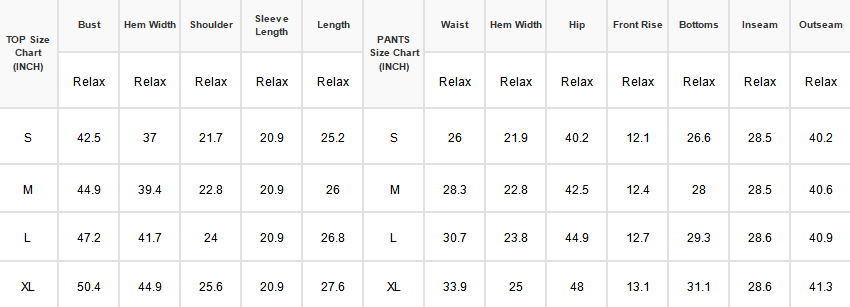 A size chart table showing measurements in inches for tops and pants size charts, with columns for Bust, Hem Width, Shoulder, Sleeve Length, Length, Waist, Hem Width, Hip, Front Rise, Bottoms, Inseam, and Outseam, plus size labels S through XL.