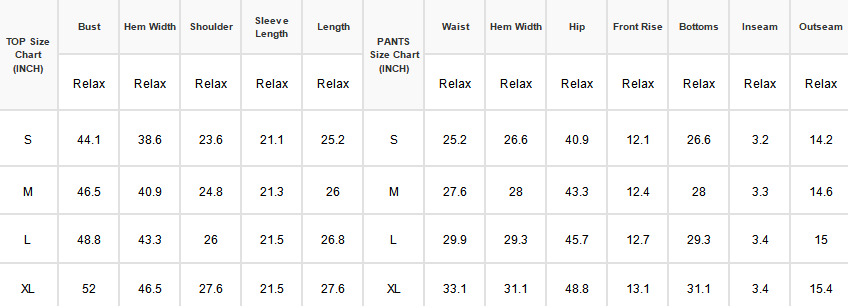 A size chart table showing measurements for tops and pants in inch sizes S through XL, with columns for top size, top size length, hem width, shoulder, sleeve length, waist, hem width, hip, front rise, bottoms, inseam, and outseam.